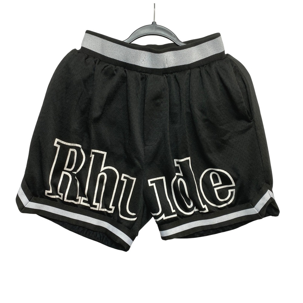 Rhude Shorts Mens M Black Basketball Logo Mesh Striped Trim Streetwear